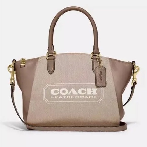 NEW Coach Badge Jacquard Elise Satchel in Chalk Taupe - Picture 1 of 13